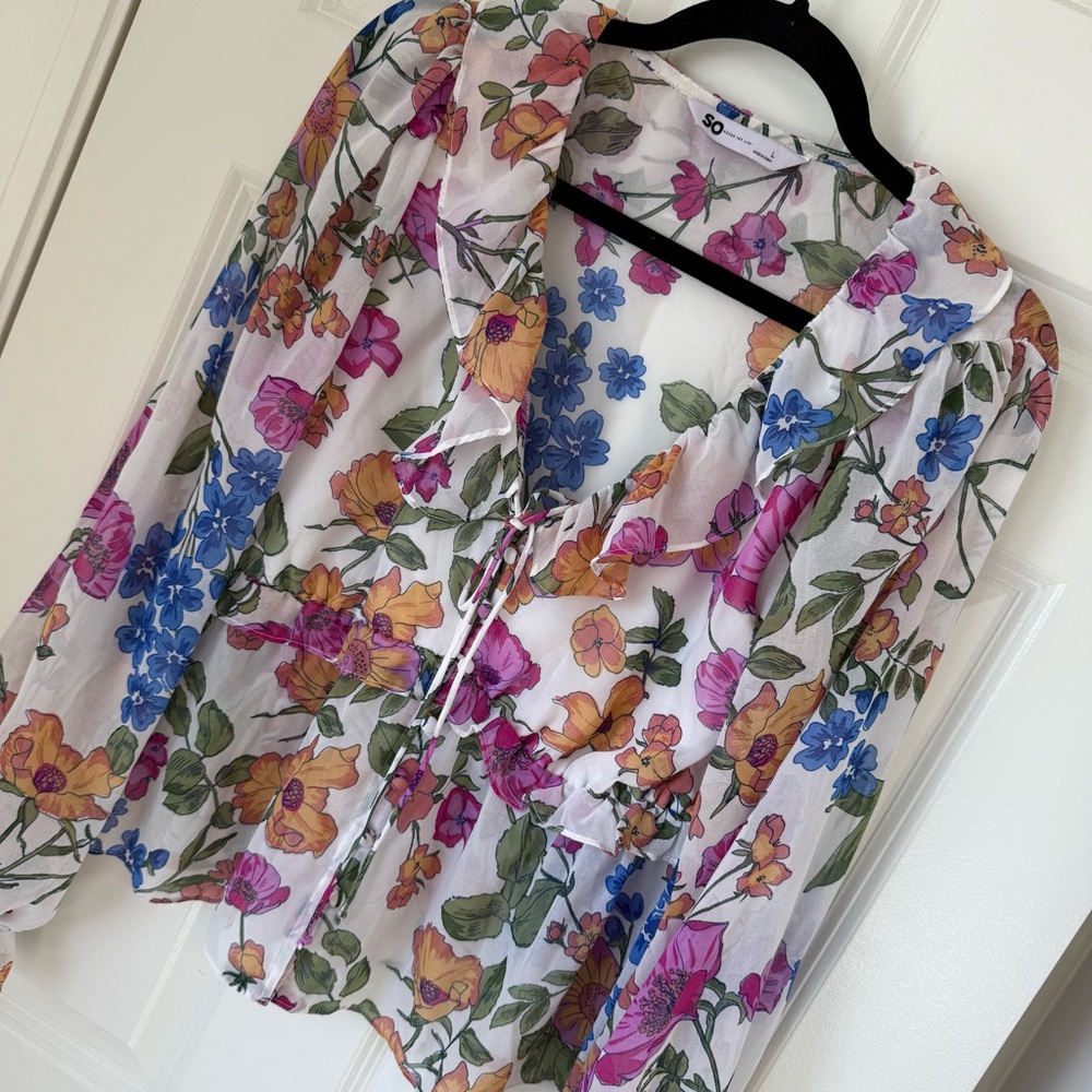 Floral Ruffle Tie-Neck Blouse - White with Pink, Blue & Yellow Flowers